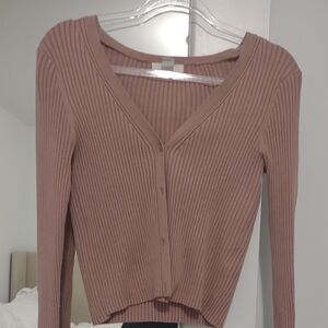 H&M Ribbed Button-Up Cardigan in Mauve Pink